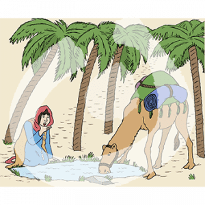 Eine Frau in historischem Gewand und Kopftuch. Sie sitzt zwischen Palmen vor einem Teich in der Wüste und trinkt daraus. Ein Kamel trinkt ebenfalls.