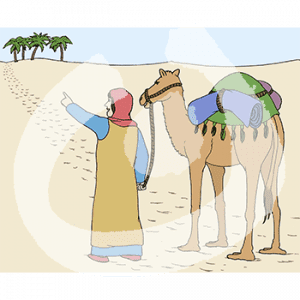 Eine Frau in historischem Gewand und Kopftuch. Sie läuft mit einem Kamel durch die Wüste. Sie zeigt auf vier Palmen in der Ferne.