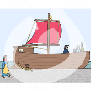 Eine Frau in historischem Kleid und Schürze läuft auf ein Schiff im Hafen zu. An Deck steht ein Mann in historischer Kapitänsuniform vor einem Mann in Hemd und Kopftuch, einem Mann mit gestreiftem Shirt und Holzbein und einem Mann in Mantel und Zylinder.