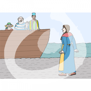 Eine Frau in historischem Kleid und Schürze steht am Pier. Sie guckt auf ein Schiff. An der Reling stehen ein Mann in Hemd und Kopftuch, ein Mann mit gestreiftem Shirt und ein Mann in Mantel und Zylinder und winken ihr zu.