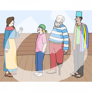 Eine Frau in historischem Kleid und Schürze. Sie steht vor einem Mann in Hemd und Kopftuch, einem Mann mit gestreiftem Shirt und Holzbein und einem Mann in Mantel und Zylinder an Deck eines Schiffes.