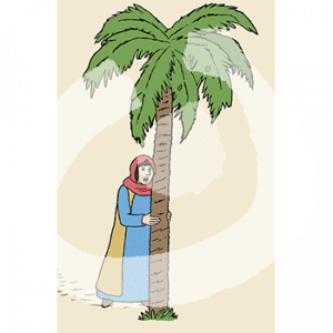 Eine erschrockene Frau in historischem Gewand und Kopftuch steht hinter einer Palme.