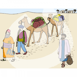 Drei Männer in historischen Gewändern laufen mit Kamelen und Säcken durch die Wüste.