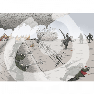 Drei Personen in grünen Soldatenuniformen mit Gewähren in einem Schützengraben. Davor ist Stacheldraht. Daneben liegt eine blutende Person in grüner Soldatenuniform. Vor dem Stacheldraht laufen drei Personen in grauen Soldatenuniformen und Gewehren. Eine blutende Person fällt nach hinten. Im Hintergrund sind brennende Häuser und Explosionen.