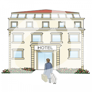 Eine Person mit Koffern geht auf ein großes Gebäude mit der Aufschrift: Hotel zu.