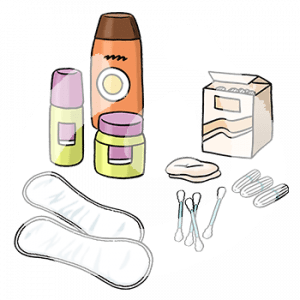 Ein Rolldeo, Duschgel, Slipeinlagen, Tampons und Q-Tips.