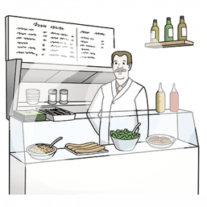 Eine Person mit Kochjacke steht hinter einem Tresen mit Essen in einer Auslage. Im Hintergrund hängt eine Speisekarte an der Wand.