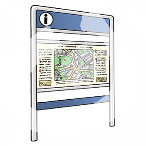 Eine Tafel mit einem kleinen i. Darunter ist Schrift und ein Stadtplan.