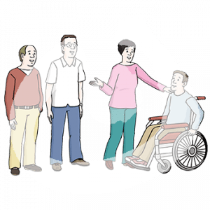 Drei Personen mit heller Hautfarbe stehen zusammen. Eine dieser Personen legt die Hand auf die Schulter einer Person im Rollstuhl.