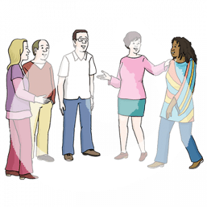 Vier Personen mit heller Hautfarbe stehen zusammen. Eine dieser Personen legt die Hand auf die Schulter einer Person mit dunkler Hautfarbe.