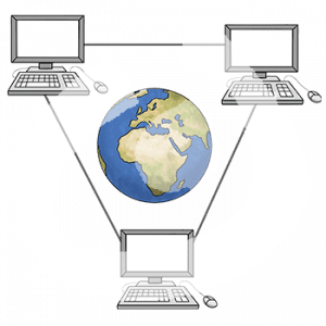 Drei mit Linien verbundene Computer. In der Mitte ist eine Weltkugel.
