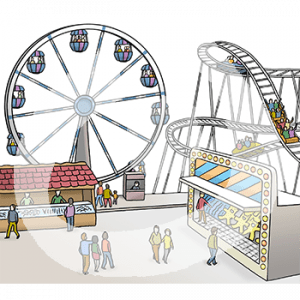 Menschen auf einem Platz mit Buden. Im Hintergrund steht ein Riesenrad und eine Achterbahn.