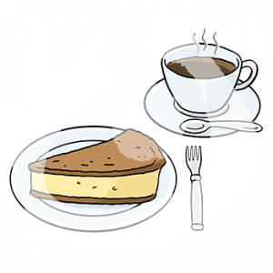 Ein Teller mit einem Stück Kuchen und einer Gabel und eine Tasse mit dampfendem Kaffee und ein Löffel.