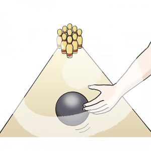 Eine Hand rollt eine Kegelkugel auf eine Bahn. Am Ende stehen neun Kegel.