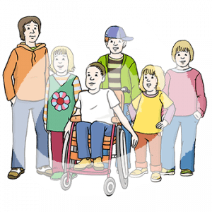 Sechs unterschiedliche Kinder. Ein Kind sitzt im Rollstuhl.