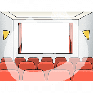 Drei Reihen mit Kinositzen und eine Leinwand.