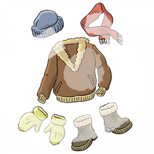 Eine Mütze, ein Schal, Handschuhe, Winterschuhe und ein Pullover.