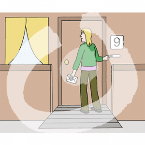 Ein Mädchen steht vor einer Tür und hat einen Finger auf dem Klingelknopf. In der anderen Hand hält sie einen Brief.