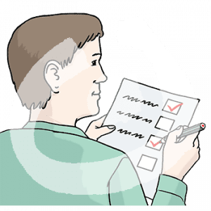 Portraitansicht einer Person mit einer Liste und Kästchen zum Abhaken in der Hand.