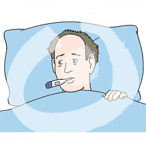 Eine Person in Portraitansicht liegt unter einer Decke. Sie hat ein Fieberthermometer im Mund.