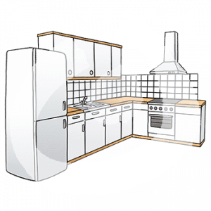 Eine Küche mit Kühlschrank, Küchenzeile, Standherd und Abzugshaube.