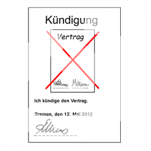 Ein Dokument mit der Überschrift: Kündigung einem durchgestrichenen Bild eines Vertrages, einem Text und einer Unterschrift.