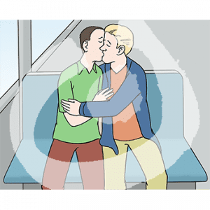 Zwei Männer sitzen auf einer Bank und küssen sich.