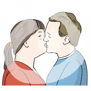 Portraitansicht von einem Mann und einer Frau. Sie küssen sich.