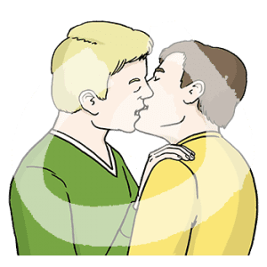 Portraitansicht von zwei sich küssenden Männern.