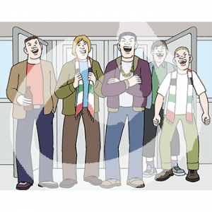 Fünf lachende Männer.