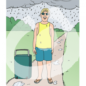 Ein lachender Mann mit Koffer im Regen.