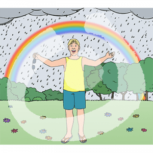 Ein lachender Mann auf einer Wiese unter einem Regenbogen. Es regnet.