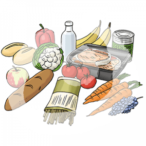 Unterschiedliches Obst und Gemüse, sowie eine Flasche und Fleisch.