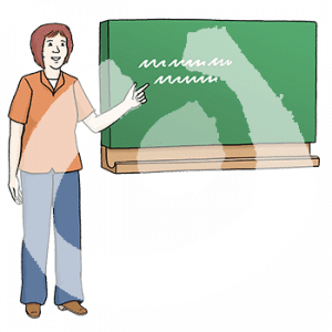 Eine Frau zeigt auf eine Tafel neben sich.