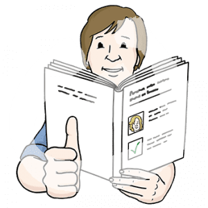 Portraitansicht einer Person. Sie zeigt mit der einen Hand einen Daumen nach oben und mit der anderen hält sie ein Buch mit Text und Bildern.