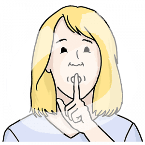 Portraitansicht einer Person. Sie hält sich den Finger an die Lippen.