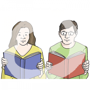 Eine Mann und eine Frau in Portraitansicht gucken jeweils in ein Buch.