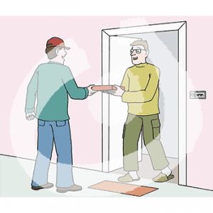 Eine fröhliche Person steht in einer Tür. Davor steht eine Person mit einer Pizzaschachtel und übergibt diese.