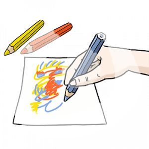 Eine Hand die mit einem Buntstift auf einem Blatt malt. Daneben liegen zwei weitere Buntstifte.