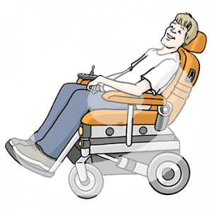 Ein Mann in einem Elektrorollstuhl mit Kopflehne.