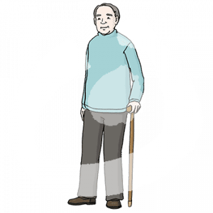 Ein alter Mann mit grauen Haaren und Gehstock.