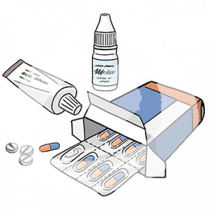 Tabletten, Creme und Tropfen.