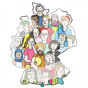 Unterschiedliche Menschen sind innerhalb einer Fläche in Form von Deutschland. Zum Beispiel eine Person mit Hijab, ältere und jüngere Menschen, Menschen mit unterschiedlichen Hautfarben und Kleidungen.