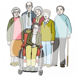 Sechs alte Menschen. Teilweise im Rollstuhl und mit Gehstock.