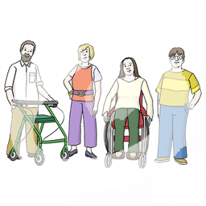 Vier selbstbewusste Personen. Eine mit Rollator und eine im Rollstuhl.