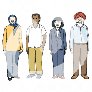 Eine Person mit Hijab, eine Person mit dunkler Hautfarbe, eine asiatisch gelesene Person und eine Person mit Turban.