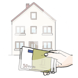 Eine Hand hält zwei Geldscheine. Im Hintergrund ist ein Haus.