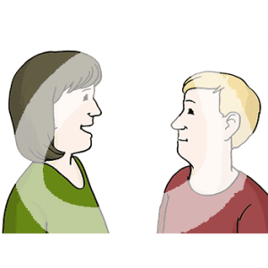 Portraitansicht von zwei Personen die sich angucken.