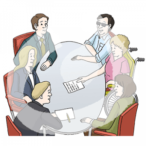 Sechs Personen sitzen um einen Tisch mit Blatt und Stift herum. Eine Person sitzt im Rollstuhl.