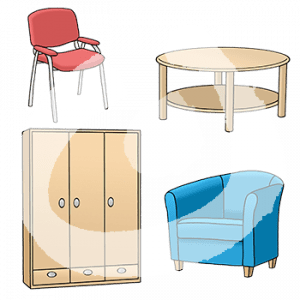 Ein Stuhl, ein Tisch, ein Schrank und ein Sessel.